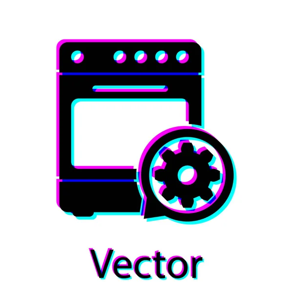 Icono de horno negro y engranaje aislado sobre fondo blanco. Ajustar la aplicación, concepto de servicio, opciones de configuración, mantenimiento, reparación, fijación. Ilustración vectorial — Vector de stock