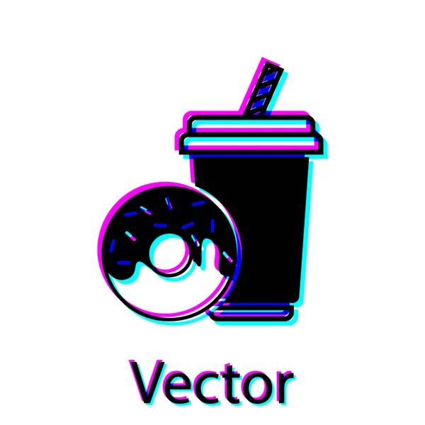 Черный содовый напиток с питьевой соломой и иконой пончика на белом фоне. Символ быстрого питания. Векторная миграция — стоковый вектор