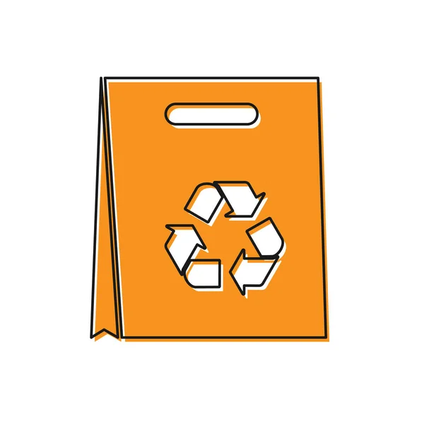 Orangefarbene Einkaufstasche aus Papier mit Recycling-Symbol auf weißem Hintergrund. Tasche mit Recycling-Symbol. Vektorillustration — Stockvektor