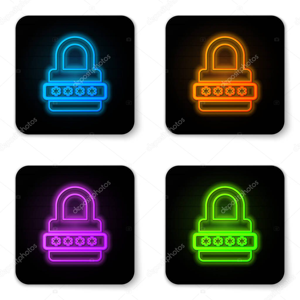 Glowing neon Password protection and safety access icon isolated on white background. Lock icon. Security, safety, protection, privacy concept. Black square button. Vector Illustration