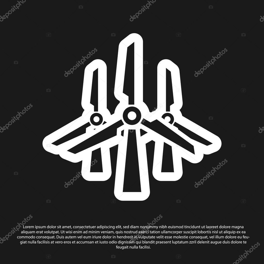 Black Wind turbines icon isolated on black background. Wind generator sign. Windmill silhouette. Windmills for electric power production. Vector Illustration