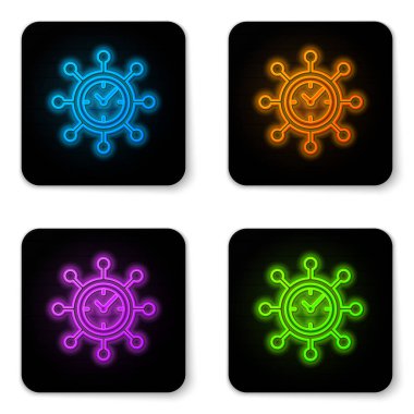Beyaz arka planda izole edilmiş parlayan neon Saat ve dişli simgesi. Zaman Yönetimi sembolü. İş konsepti. Hub ve spokes ve saat katı simgesi. Siyah kare düğme. Vektör İllüstrasyonu