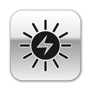 Siyah Güneş enerji paneli simgesi beyaz arka plan üzerinde izole. Gümüş kare düğme. Vektör İllüstrasyonu