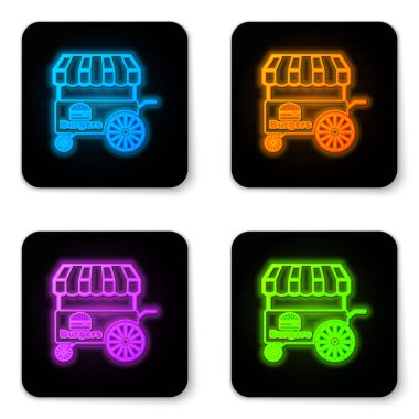 Beyaz arka plan üzerinde izole tente simgesi ile Parlayan neon Fast street gıda sepeti. Burger veya hamburger simgesi. Şehir köşkü. Siyah kare düğme. Vektör İllüstrasyonu