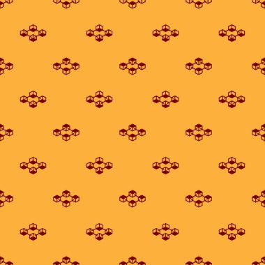 Kırmızı Blockchain teknoloji simgesi kahverengi arka plan üzerinde sorunsuz desen izole. Cryptocurrency veri işareti. Soyut geometrik blok zincir ağ teknolojisi iş. Düz tasarım. Vektör İllüstrasyonu