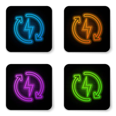 Beyaz arka planda yalıtılmış parlayan neon Şarj simgesi. Elektrik enerjisi işareti. Siyah kare düğme. Vektör İllüstrasyonu