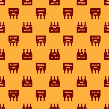 Ahşap bir kutu simgesi kahverengi arka plan üzerinde dikişsiz desen izole şarap Kırmızı Şişeler. Ahşap bir sandık simgesinde şarap şişeleri. Düz tasarım. Vektör İllüstrasyonu