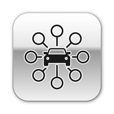 Siyah Araba paylaşım simgesi beyaz arka planda yalıtılmış. Araba paylaşım işareti. Ulaşım kiralama hizmeti konsepti. Gümüş kare düğme. Vektör İllüstrasyonu