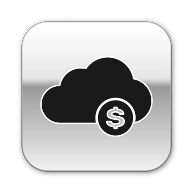 Beyaz arka planda yalıtılmış Siyah Cryptocurrency bulut madenciliği simgesi. Blockchain teknolojisi, bitcoin, dijital para piyasası, kripto para cüzdanı. Gümüş kare düğme. Vektör İllüstrasyonu