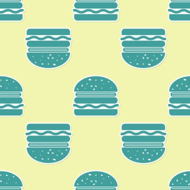 Yeşil Burger simgesi sarı arka plan üzerinde sorunsuz desen izole. Hamburger simgesi. Cheeseburger sandviç işareti. Vektör İllüstrasyonu