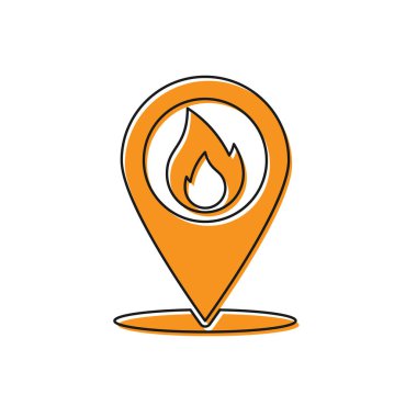 Turuncu Harita işaretçisi, beyaz arka planda izole edilmiş ateş alevi simgesiyle. Yakındaki yangın. Vektör İllüstrasyonu