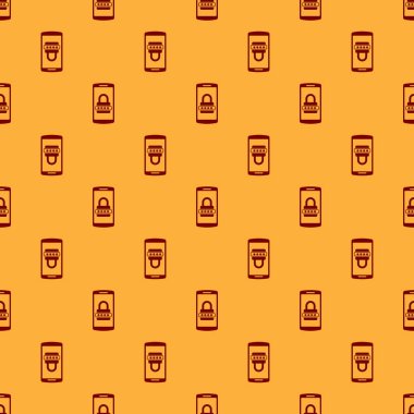 Kırmızı Cep telefonu ve şifre koruma simgesi kahverengi arka plan üzerinde sorunsuz desen izole. Güvenlik, güvenlik, kişisel erişim, kullanıcı izni, gizlilik. Vektör İllüstrasyonu