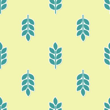 Pirinç, buğday, mısır, yulaf, çavdar, arpa işareti sarı arka plan üzerinde dikişsiz desen ile ayarlanmış Yeşil Tahıllar simgesi. Buğday ekmeği sembolleri kulakları. Tarım buğday sembolü. Düz tasarım. Vektör İllüstrasyonu