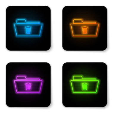Beyaz arka planda yalıtılmış parlayan neon Delete klasör simgesi. Geri dönüşüm kutusu ile klasör. Silme veya hata klasörü. Bilgisayar bilgileri klasörü işaretini kapatın. Siyah kare düğme. Vektör İllüstrasyonu