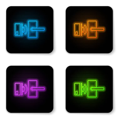 Beyaz arka planda izole simge kilidini açmak için kablosuz teknolojisi ile Parlayan neon Dijital kapı kilidi. Kapı kolu işareti. Kavramın güvenlik akıllı ev. Siyah kare düğme. Vektör İllüstrasyonu