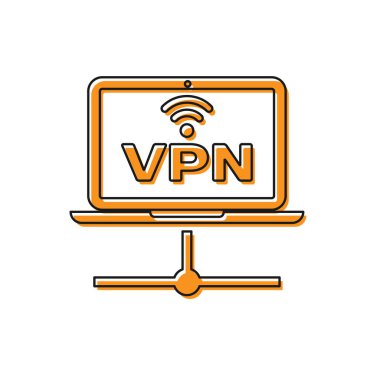 Turuncu Vpn Bilgisayar ağ simgesi beyaz arka planda yalıtılmış. Dizüstü bilgisayar ağı. İnternet bağlantısı. Vektör İllüstrasyonu