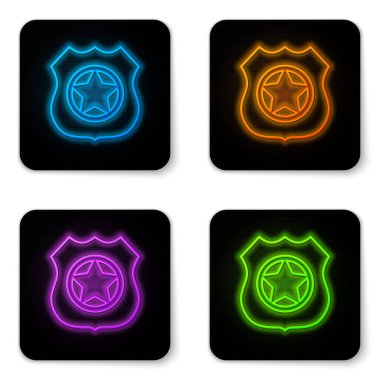 Beyaz arka planda izole parlayan neon Polis rozeti simgesi. Şerif rozeti işareti. Siyah kare düğme. Vektör İllüstrasyonu