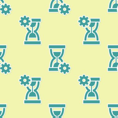 Yeşil Kum Saati ve dişli simgesi sarı arka plan üzerinde sorunsuz desen izole. Zaman Yönetimi sembolü. Saat ve vites simgesi. Verimlilik sembolü. Vektör İllüstrasyonu