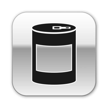 Siyah Konserve gıda simgesi beyaz arka plan üzerinde izole. Hayvanlar için yiyecek. Evcil hayvan yemek olabilir. Gümüş kare düğme. Vektör İllüstrasyonu