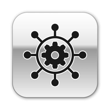 Siyah Proje yönetimi simgesi beyaz arka planda yalıtılmış. Hub ve kollu ve dişli katı simgesi. Gümüş kare düğme. Vektör İllüstrasyonu