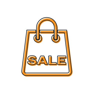 Beyaz arka plan üzerinde izole bir yazıt Satış simgesi ile Turuncu Shoping çanta. Çanta tabelası. Kadın çantası simgesi. Kadın çanta tabelası. Vektör İllüstrasyonu