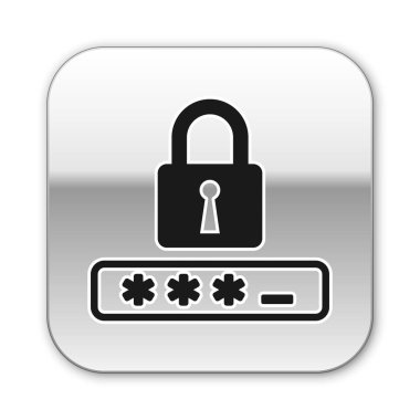 Beyaz arka planda yalıtılmış Siyah Parola koruması ve güvenlik erişim simgesi. Simgeyi kilitleyin. Güvenlik, güvenlik, koruma, gizlilik kavramı. Gümüş kare düğme. Vektör İllüstrasyonu