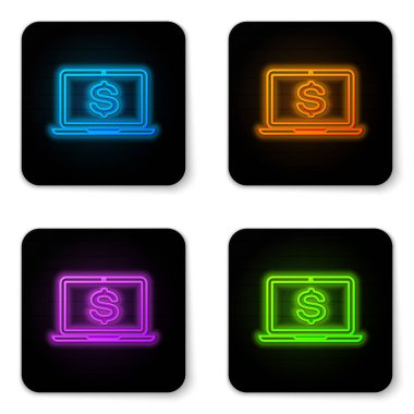 Beyaz arka planda izole dolar sembolü simgesi ile Parlayan neon Laptop. Online alışveriş konsepti. Ekonomi kavramı. Siyah kare düğme. Vektör İllüstrasyonu