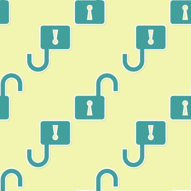 Yeşil Açık asma kilit simgesi sarı arka plan üzerinde sorunsuz desen izole. Kilit işaretini açtı. Siber güvenlik konsepti. Dijital veri koruması. Güvenlik güvenliği. Vektör İllüstrasyonu