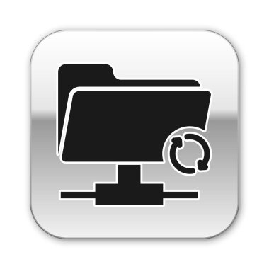 Beyaz arka planda Siyah Ftp eşitleme simgesi. Yazılım güncelleştirme, transfer protokolü, yönlendirici, takım çalışması araç yönetimi, kopyalama süreci kavramı. Gümüş kare düğme. Vektör İllüstrasyonu