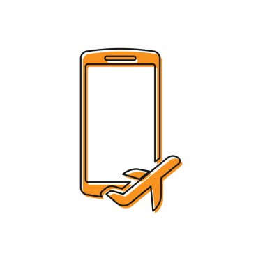 Turuncu Uçuş modu cep telefonu simgesi beyaz arka plan üzerinde izole. Uçak veya uçak uçuş çevrimdışı modu yolcu yönetmeliği havayolu . Vektör İllüstrasyonu
