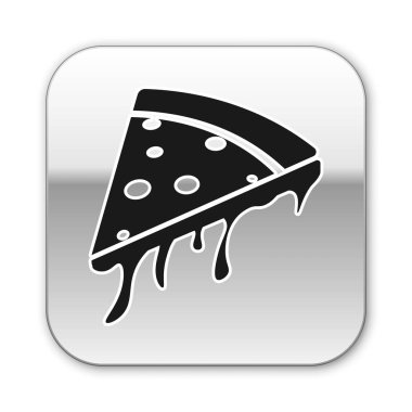 Beyaz arka planda yalıtılmış pizza simgesinin Siyah Dilim. Gümüş kare düğme. Vektör İllüstrasyonu