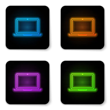 Beyaz arka planda yalıtılmış parlayan neon Laptop simgesi. Boş ekran işareti olan bilgisayar not defteri. Siyah kare düğme. Vektör İllüstrasyonu