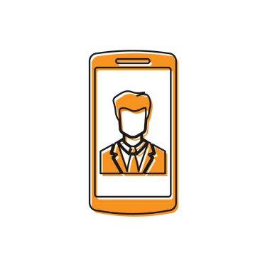 Turuncu Smartphone ekran simgesi beyaz arka plan üzerinde izole kişi ile. Gelen arama. Telefon ekranında insan. İletişimi arayın. Vektör İllüstrasyonu