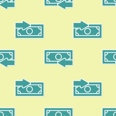 Yeşil Nakit arka simgesi sarı arka plan üzerinde sorunsuz desen izole. Finansal hizmetler, para iadesi, yatırım getirisi, tasarruf hesabı, döviz bozdurma. Düz tasarım. Vektör İllüstrasyonu