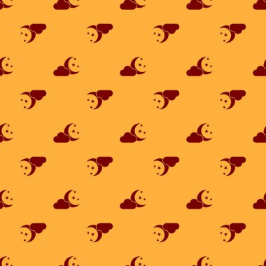 Ay ve yıldız simgesi kahverengi arka plan üzerinde izole dikişsiz desen ile Kırmızı Bulut. Bulutlu gece işareti. Uyku rüyaları sembolü. Gece ya da yatak saati işareti. Düz tasarım. Vektör İllüstrasyonu