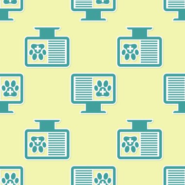 Monitör simgesi üzerinde Yeşil Tıbbi klinik kayıt pet sarı arka plan üzerinde izole dikişsiz desen. Sağlık sigortası formu. Reçete, tıbbi kontrol izleri raporu. Vektör İllüstrasyonu