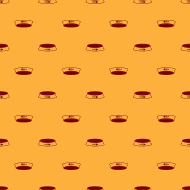 Kedi veya köpek simgesi kahverengi arka plan üzerinde izole dikişsiz desen için Kırmızı Pet gıda kase. Balık iskeleti işareti. Vektör İllüstrasyonu