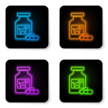 Parlayan neon Köpek ilaç şişe ve hap simgesi beyaz arka plan üzerinde izole. Haplarla dolu bir kap. Hayvanlar için reçeteli ilaç. Siyah kare düğme. Vektör İllüstrasyonu