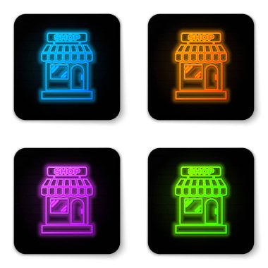 Parlayan neon alışveriş binası veya market simgesi beyaz arka planda izole edildi. Dükkan inşaatı. Siyah kare düğme. Vektör İllüstrasyonu