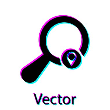 Beyaz arka planda yalıtılmış Siyah Arama konum simgesi. İşaretçi işareti ile büyüteç. Vektör İllüstrasyonu