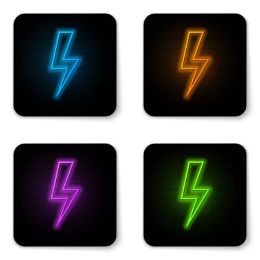 Beyaz arka planda yalıtılmış parlayan neon Lightning bolt simgesi. Flash simgesi. Flash simgesini şarj edin. Şimşek çak. Işık grevi. Siyah kare düğme. Vektör İllüstrasyonu