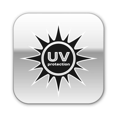 Siyah Uv koruma simgesi beyaz arka plan üzerinde izole. Ultraviyole ışınları radyasyon. Spf güneş işareti. Gümüş kare düğme. Vektör İllüstrasyonu
