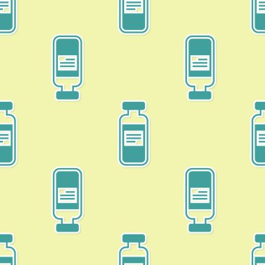 Yeşil Tıbbi şişe, ampul, şişe simgesi sarı arka plan üzerinde izole dikişsiz desen. Aşılama, enjeksiyon, aşı sağlık konsepti. Vektör İllüstrasyonu