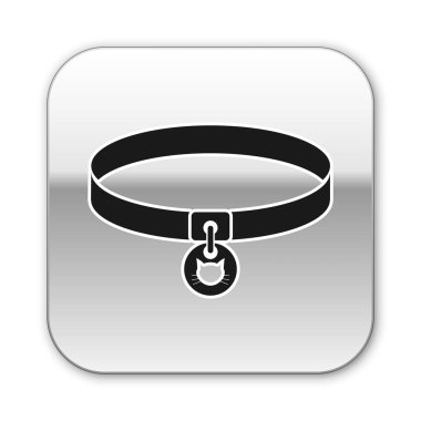 Beyaz arka planda izole edilmiş ad etiketi simgesine sahip Siyah Kedi yaka. Evcil hayvanlar için basit malzemeler. Kedi ve köpek bakımı. Evcil kedi zincirleri. Gümüş kare düğme. Vektör İllüstrasyonu