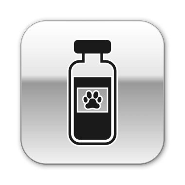 Siyah Pets şişe tıbbi simgesi beyaz arka plan üzerinde izole. Hayvanlar için reçeteli ilaç. Gümüş kare düğme. Vektör İllüstrasyonu