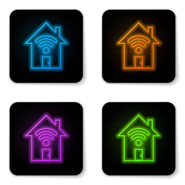 Beyaz arka plan üzerinde izole wi-fi simgesi ile Parlayan neon Smart ev. Uzaktan kumanda. Siyah kare düğme. Vektör İllüstrasyonu