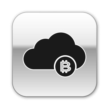 Beyaz arka planda yalıtılmış Siyah Cryptocurrency bulut madenciliği simgesi. Blockchain teknolojisi, bitcoin, dijital para piyasası, kripto para cüzdanı. Gümüş kare düğme. Vektör İllüstrasyonu