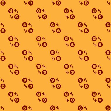 Kırmızı Cryptocurrency döviz simgesi kahverengi arka plan üzerinde sorunsuz desen izole. Bitcoin'den dolar bozdurma simgesine. Kripto para teknolojisi, mobil bankacılık. Düz tasarım. Vektör İllüstrasyonu