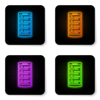 Beyaz arka planda izole ekran simgesi üzerinde kişileri ile Parlayan neon Smartphone. Gelen arama. Telefon ekranındaki insanlar. İletişimi arayın. Siyah kare düğme. Vektör İllüstrasyonu