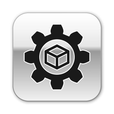 Beyaz arka planda yalıtılmış Siyah Ürün geliştirme simgesi. Dişli ve küp. Başlangıç koleksiyonundan ürün geliştirme sembolü tasarımı. Gümüş kare düğme. Vektör İllüstrasyonu